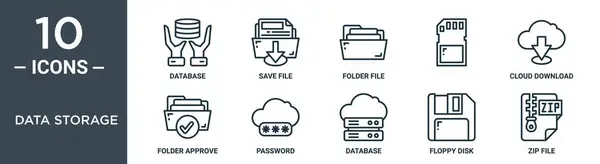 Conjunto Iconos Esquema Almacenamiento Datos Incluye Base Datos Línea Delgada — Archivo Imágenes Vectoriales