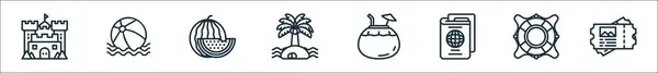 一套夏季假日系列图标的轮廓 线形病媒图标 如城堡 海滩球 棕榈树 橡皮圈 — 图库矢量图片