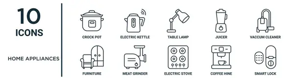 Home Appliances Outline Icon Set Thin Line Crock Pot Table — Stock Vector