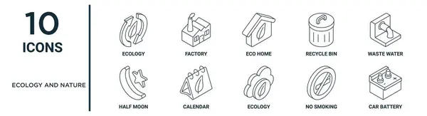 stock vector ecology and nature outline icon set such as thin line ecology, eco home, waste water, calendar, no smoking, car battery, half moon icons for report, presentation, diagram, web design