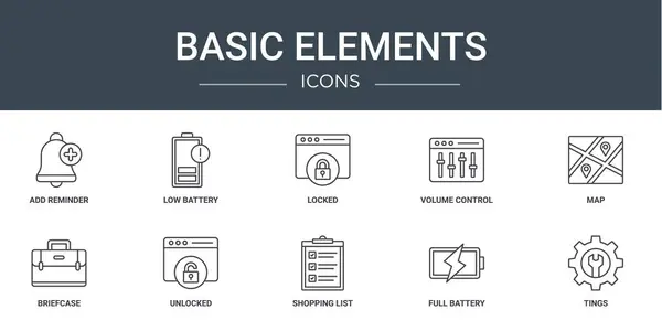 Conjunto Iconos Elementos Básicos Web Esquema Como Añadir Recordatorio Batería — Archivo Imágenes Vectoriales