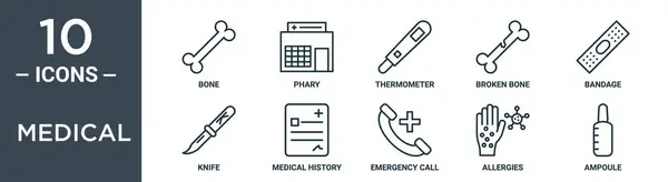 Ιατρικό Σύνολο Εικονίδιο Περίγραμμα Περιλαμβάνει Λεπτή Γραμμή Οστών Phary Θερμόμετρο — Διανυσματικό Αρχείο