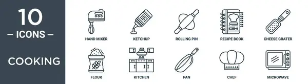 Набір Іконок Приготування Їжі Включає Тонку Лінію Ручного Мікшера Кетчуп — стоковий вектор