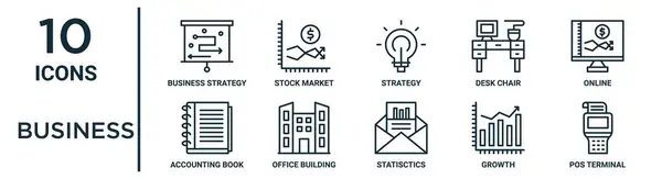 Affärsplan Ikon Set Såsom Tunn Linje Affärsstrategi Strategi Online Kontorsbyggnad — Stock vektor