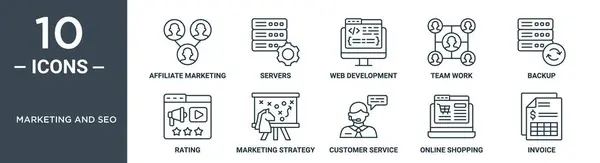 营销和Seo概要图标集包括细线关联营销 服务器 网络开发 团队合作 网页设计等营销策略图标集 — 图库矢量图片