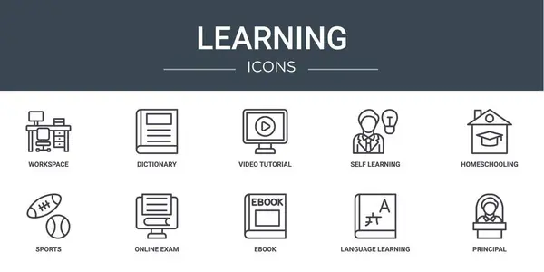 Set Van Outline Web Learning Iconen Zoals Werkruimte Woordenboek Video — Stockvector