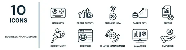 Business Management Outline Icon Set Thin Line User Data Business — Vetor de Stock