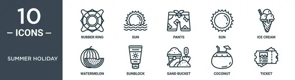 Набір Іконок Літніх Свят Включає Тонку Лінію Гумового Кільця Сонце — стоковий вектор
