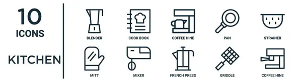 Набір Значків Кухонного Контуру Такий Тонкий Лінійний Блендер Кавовий Блиск — стоковий вектор