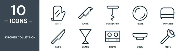 Küchensammlung Umrisssymbolset Enthält Dünne Handschuhe Messer Korkenzieher Teller Toaster Messer — Stockvektor