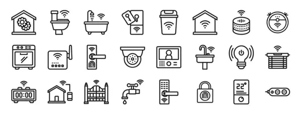トイレ シャワー カード ゴミ箱 スマートホーム レポート プレゼンテーション Webデザイン モバイルアプリのためのスピーカーベクターアイコンなどの24の概要のWebスマートホームアイコンのセット — ストックベクタ