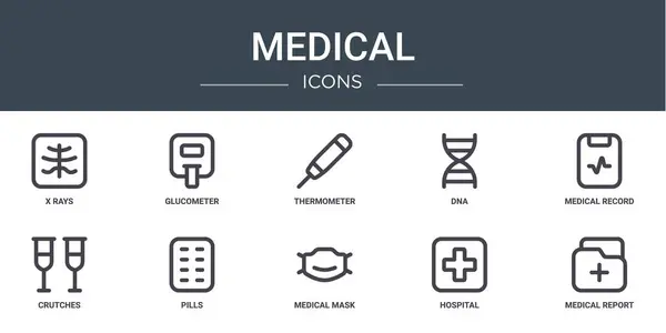 Set Outline Web Medical Icons Rays Glucometer Thermometer Dna Medical — Stock Vector