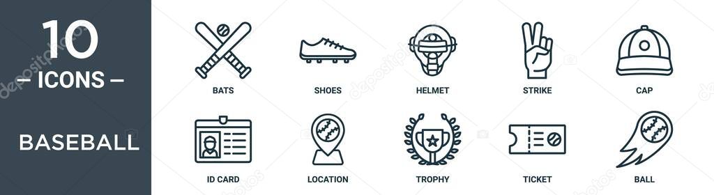 baseball outline icon set includes thin line bats, shoes, helmet, strike, cap, id card, location icons for report, presentation, diagram, web design