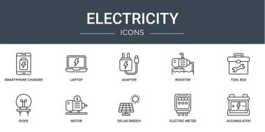 Akıllı telefon şarj aleti, dizüstü bilgisayar, adaptör, direnç, araç kutusu, diyot, rapor için motor vektör simgeleri, sunum, diyagram, web tasarımı, mobil uygulama gibi 10 ana hatlı elektrik simgesi kümesi