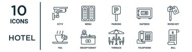 İnce çizgi CCTV, park yeri anahtarı, resepsiyonist, telefon, fatura, rapor için çay ikonları, sunum, diyagram, web tasarımı gibi otel ana hatları simgesi seti