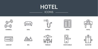 Dambıl, kanepe, duş, menü, otel, kart anahtarı, rapor için spa vektör simgeleri, sunum, diyagram, mobil uygulama gibi 10 ana hatlı otel simgesi seti