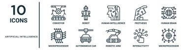 İnce çizgi taşıyıcı, insan zekası, insan beyni, otonom araba, etkileşim, mikroişlemci, rapor için mikroişlemci simgeleri, sunum simgeleri gibi yapay zeka taslak simgesi seti,