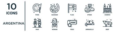 İnce çizgi yiyecek, bayrak, kilise, kadın, armadillo, sığır eti, rapor için çift simge, sunum, diyagram, web tasarımı gibi Arjantin ana hatları simgesi seti