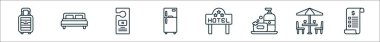 Otel hattı ikonlarının ana hatları. bavul, çift yatak, kapı askısı, buzdolabı, otel, sabun, teras, fatura gibi doğrusal vektör simgeleri