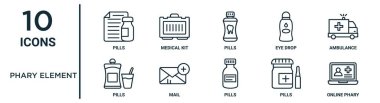 Phary element ana hatları simgesi seti örneğin ince çizgi hapları, haplar, ambulans, posta, haplar, çevrimiçi fareler, rapor simgeleri, sunum, diyagram, web tasarımı