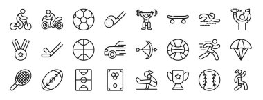 Rapor için 24 ana hatlı web spor simgesi, bisiklet, moto gp, futbol, golf, spor, kaykay, yüzme vektör simgeleri, sunum, diyagram, web tasarımı, mobil uygulama gibi