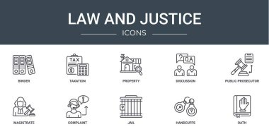 Rapor, sunum, diyagram, web tasarımı, web tasarımı gibi 10 ana hatlı web hukuku ve adalet simgelerinden oluşan bir set.,
