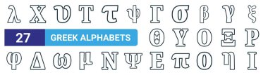 set of 27 outline web greek alphabets icons such as lambda, chi, upsilon, sigma, upsilon, delta, epsilon, iota vector thin line icons for web design, mobile app. clipart