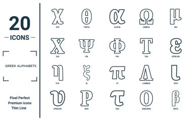 greek alphabets linear icon set. includes thin line chi, chi, eta, upsilon, beta, phi, iota icons for report, presentation, diagram, web design clipart