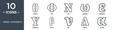 greek alphabets outline icon set includes thin line theta, phi, nu, omega, epsilon, upsilon, beta icons for report, presentation, diagram, web design clipart