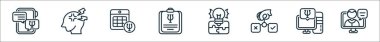 Danışmanlık hattı simgelerinin ana hatları. Danışmanlık, stres, zamanlama, rapor, çözüm, karar, faq, teletıp gibi doğrusal vektör simgeleri