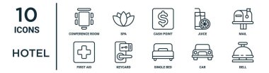 İnce çizgi konferans odası, nakit noktası, posta, anahtar kartı, araba, zil, rapor için ilk yardım simgeleri, sunum, diyagram, web tasarımı gibi otel ana hatları simgesi seti