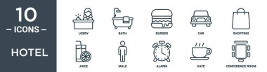 Otel ana hatları simgesi seti ince çizgi lobisi, banyo, burger, araba, alışveriş, meyve suyu, rapor için erkek simgeleri, sunum, diyagram, web tasarımı içerir