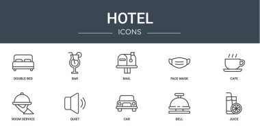 Çift yatak, bar, posta, yüz maskesi, kafe, oda servisi, rapor için sessiz vektör simgeleri, sunum, diyagram, web tasarımı, mobil uygulama gibi 10 ana hatlı otel simgesi seti