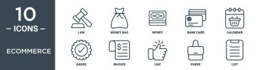 ecommerce ana hat simgesi seti ince satır hukuku, para çantası, para, banka kartı, takvim, rapor için rozet, fatura simgeleri, sunum, diyagram, web tasarımı