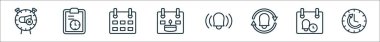 Tarih ve zaman çizelgesi simgelerinin ana hatları. Alarm saati, zamanlama, takvim, doğum günü tarihi, zil, tekrar hatırlatıcı, döngü gibi doğrusal vektör simgeleri