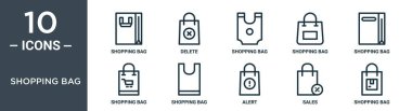 Alışveriş çantası ana hatları simgesi seti ince çizgi alışveriş torbası, silme, alışveriş torbası, rapor için simgeler, sunum, diyagram, web tasarımı içerir