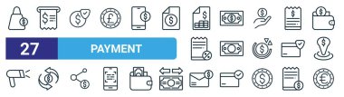 Alış veriş çantası, fatura, güvenli ödeme, para, nakit, para transferi, maaş çeki, web tasarımı için para vektörü ince çizgi simgeleri, mobil uygulama gibi 27 ana hatlı ödeme simgesi seti.