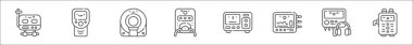 outline set of medical electronic devices line icons. linear vector icons such as infant incubator, oxygen, mri, medical irrigation pump, insufflator, physiologic monitoring system, audiometer, ct clipart