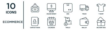 ecommerce ana hat simgesi seti, ince satır, kutu, t-shirt, takvim, cüzdan, dağıtım kutusu, rapor için iletişim kitabı simgeleri, sunum, diyagram, web tasarımı gibi