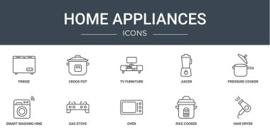 Buzdolabı, çömlek tenceresi, televizyon mobilyası, meyve sıkacağı, düdüklü tencere, akıllı çamaşır jeni, rapor için gaz sobası vektör simgeleri, sunum, diyagram, web sitesi gibi 10 ana hatlı ev aleti ikonu.