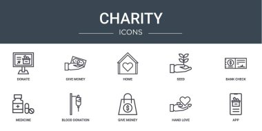 Bağış, para, ev, tohum, banka çeki, ilaç, kan bağışı vektör simgeleri, sunum, diyagram, web tasarımı, mobil uygulama gibi 10 ana hatlı yardım simgesi seti