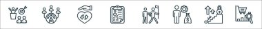 Kariyer çizelgesi ve liderlik çizgisi simgeleri. motivasyon, performans, sadakat, kullanıcı değerlendirmesi, liderlik, para yönetimi, başarı, piyasa araştırması gibi doğrusal vektör simgeleri
