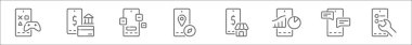 Mobil uygulama çizgisi simgelerinin ana hatları. mobil oyun, mobil bankacılık, uygulamalar, navigasyon, dükkan, grafik, sohbet gibi doğrusal vektör simgeleri