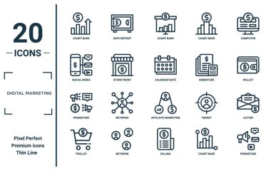 Dijital pazarlama doğrusal simgesi seti. İnce çizgi grafik çubukları, sosyal medya, promosyon, tramvay, promosyon, takvim tarihi, rapor için harf simgeleri, sunum, diyagram, web tasarımı