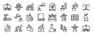 Sera, hidroponik, sera, sulama bitkisi, filiz, gözlem, raporlama, sunum, diyagram, web tasarımı, mobil tasarım gibi 24 ana hatlı web sera ikonu seti