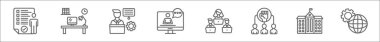 outline set of career and leadership line icons. linear vector icons such as user evaluation, workplace, assistance, videocall, team, empowerment, univeristy, configuration clipart