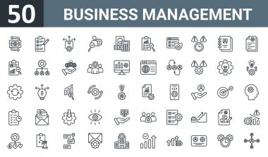 set of 50 outline web business management icons such as money flow, planning, distribution, recruitment, budgeting, evaluation, data security vector thin icons for report, presentation, diagram, web clipart