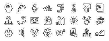 Duygusal zeka, işe alım, fikir, kar büyümesi, öncelik, iş fikri, rapor için e-posta vektör simgeleri, sunum, diyagram, web gibi 24 ana hatlı web yönetim simgesinden oluşan bir set