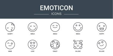 Uykulu, gülümseyen, gülümseyen, gülümseyen, mutlu, göz kırpan, rapor için aşk vektör simgeleri, sunum, diyagram, web tasarımı, mobil uygulama gibi 10 ana hatlı simge seti