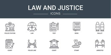 Polis karakolu, hukuk, test, kitap, kurşun, mahkeme, polis hattı vektör simgeleri, sunum, diyagram, web tasarımı, mobil uygulama gibi 10 ana hatlı web hukuku ve adalet simgelerinden oluşan bir set